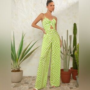 L'Amorae Wave Plisse Twist Cut Out Cami Wide Leg Jumpsuit